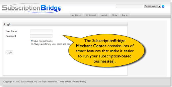 SubscriptionBridge Merchant Center login page