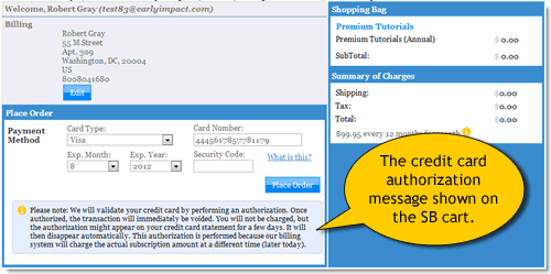Card authorization message shown on the payment page