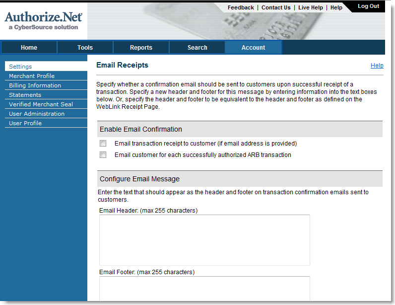 Authorize.Net E-mail Receipt Settings